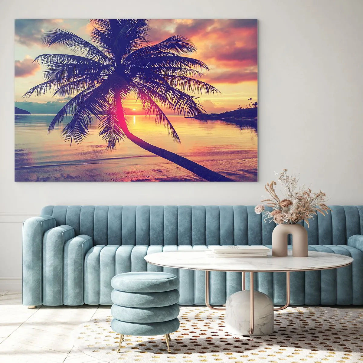 Glass picture - Palm tree at sunset over a calm sea - 70x50cm - Evening under the Palm Trees - Modern wall decoration for the living room and bedroom ARTTOR