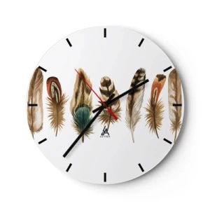 Wall clock - Clock on glass - Colorful feathers in an artistic arrangement - 30x30cm - Feather Variation - Modern wall decoration for the living room, kitchen, and bedroom ARTTOR