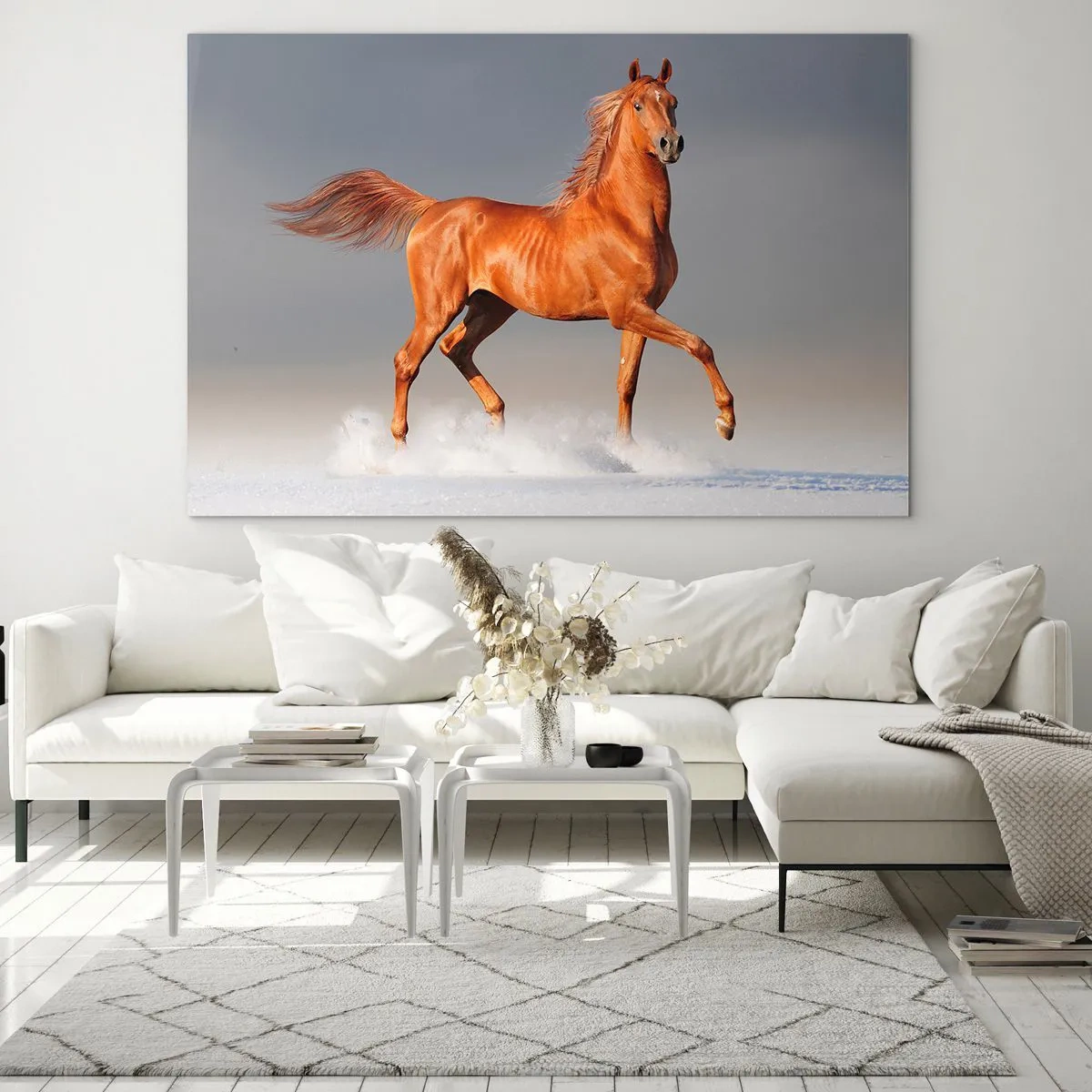 Glass picture - A galloping horse against a bright sky - 70x50cm - Dancing Grace - Modern wall decoration for the living room and bedroom ARTTOR