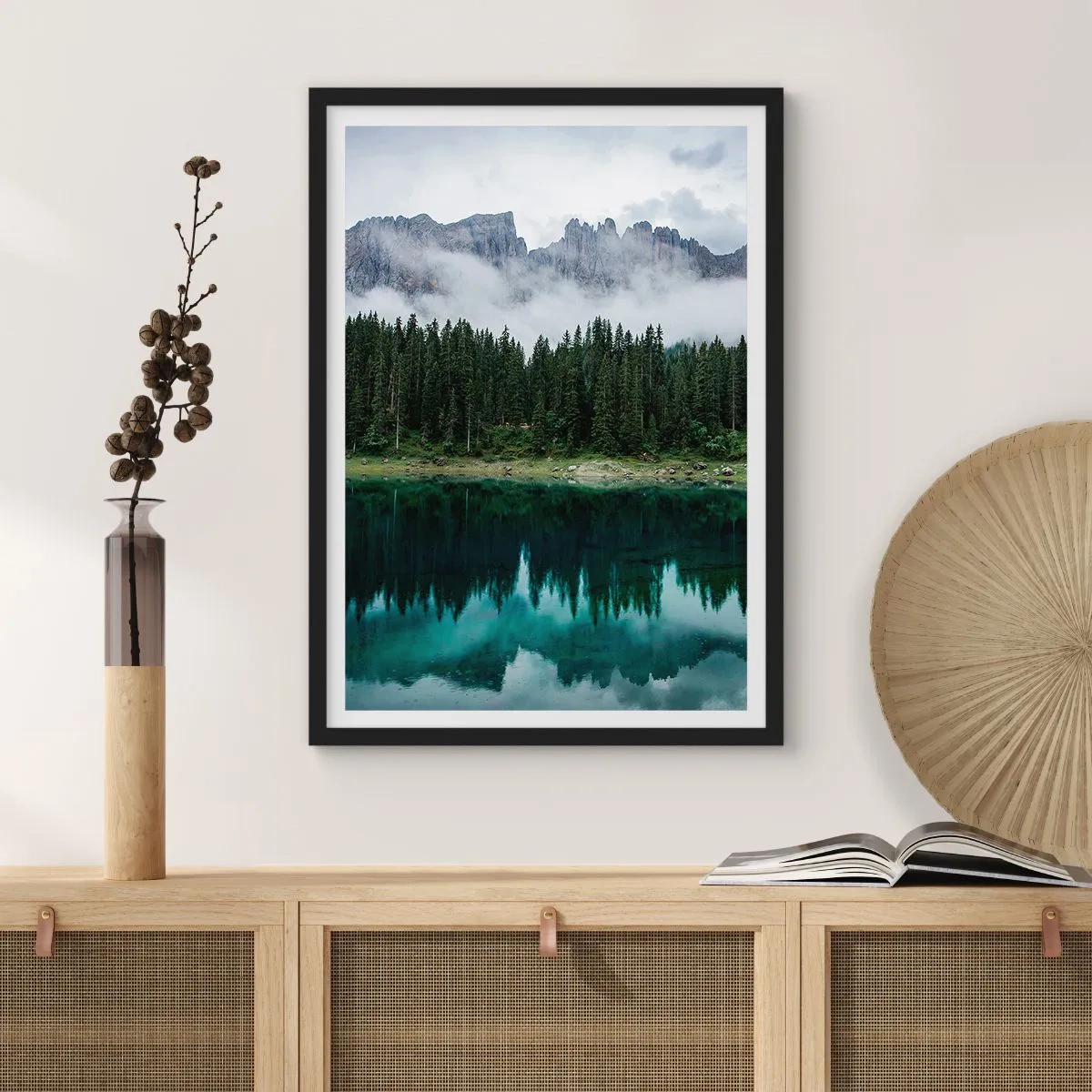 Poster in black frame - A green forest by a lake with mountains in the background surrounded by fog - 50x70cm - Quiet Please, Let's Not Wake Up Still Waters - Modern wall decoration for the living room and bedroom ARTTOR