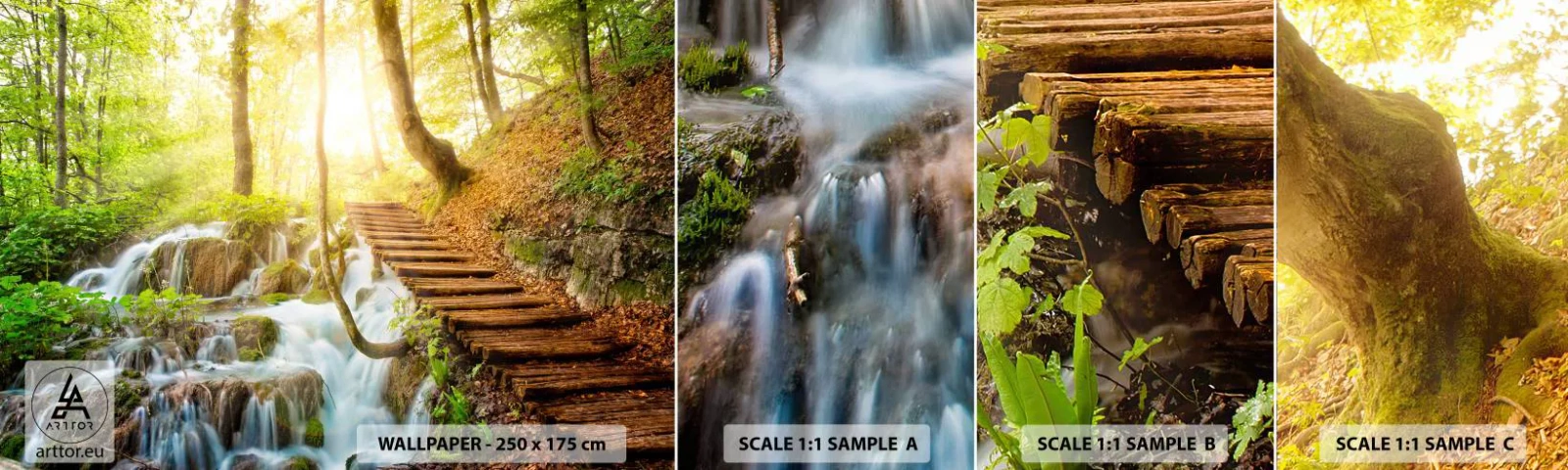 Photo Wallpaper Sample Self-Adhesive Deluxe Sticker - Long Awaited Coolness - Landscape, Waterfall, Forest - 100x30 cm