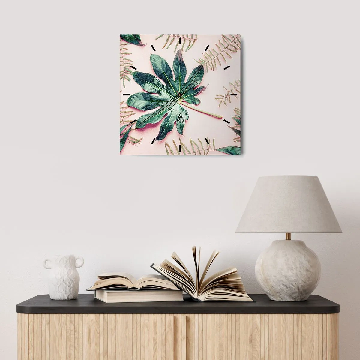 Wall clock - Clock on glass - Study in Green on Pink Background - 30x30 cm