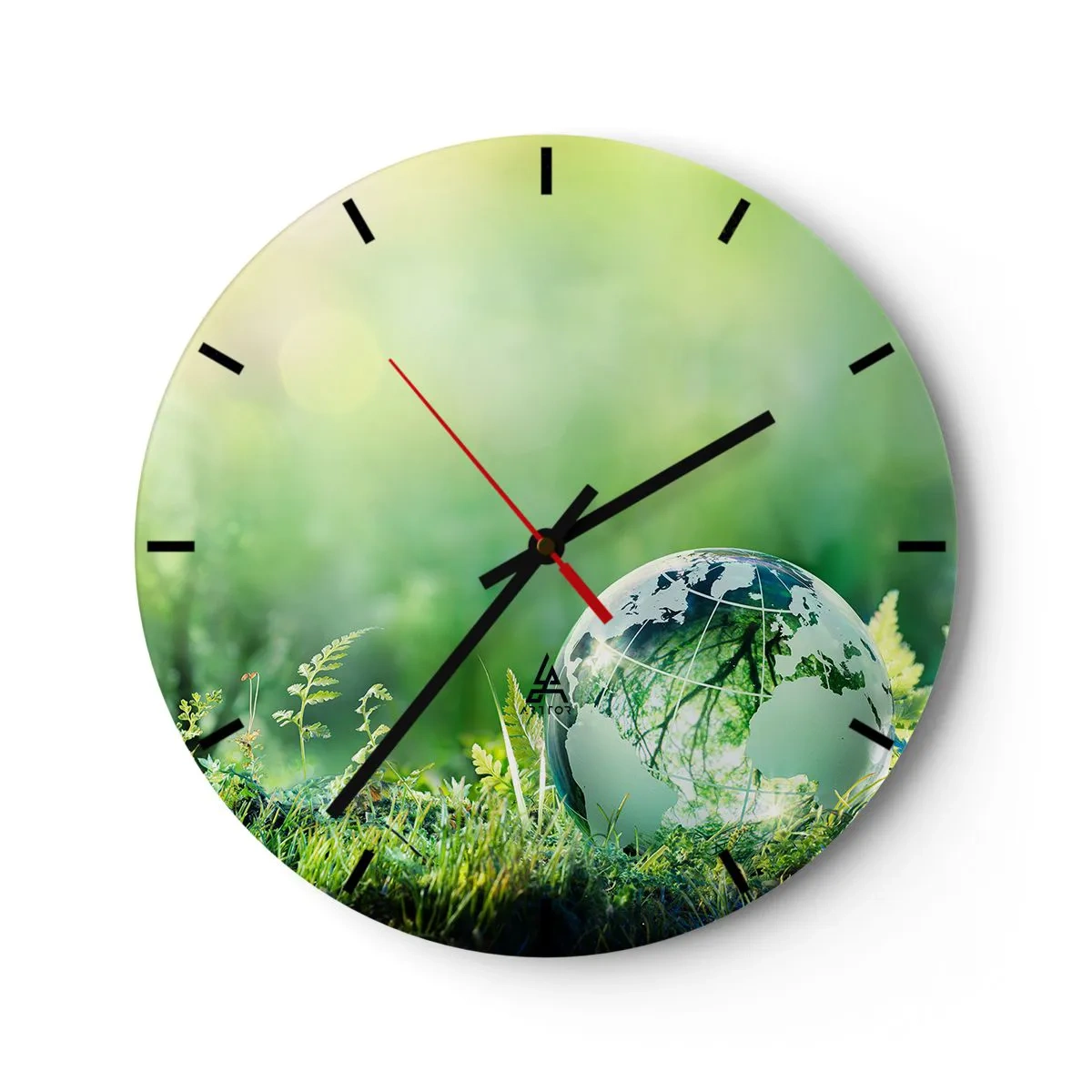 Wall clock - Clock on glass - A glass ball with a world map against a background of green nature - 30x30cm - Green Planet - Modern wall decoration for the living room, kitchen, and bedroom ARTTOR