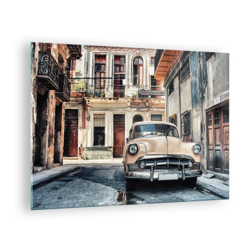Glass picture - Retro car on the street of the old town - 70x50cm - Siesta in Havana - Modern wall decoration for the living room and bedroom ARTTOR