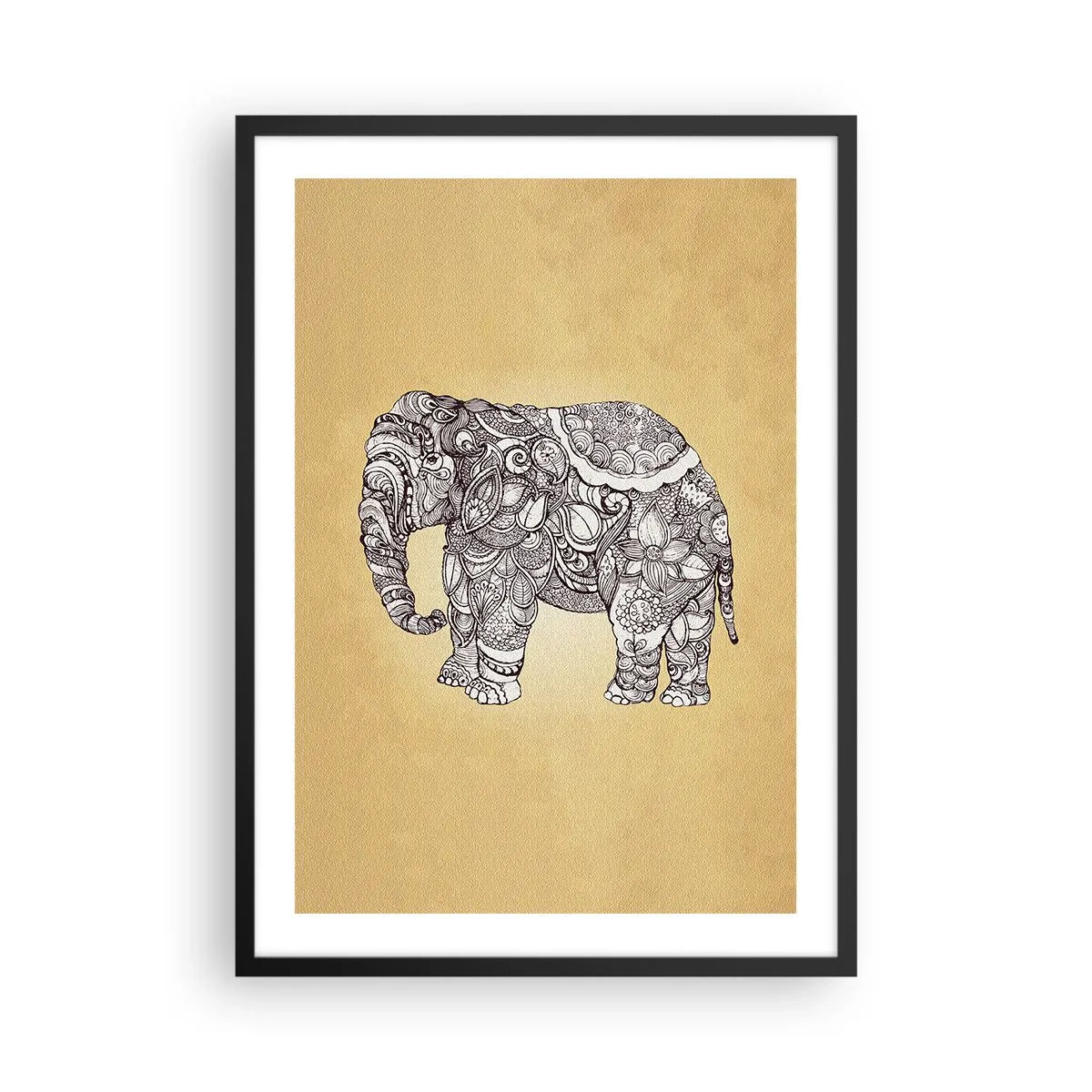 Poster in black frame - Decorative illustration of an elephant with intricate ornaments on a gold background - 50x70cm - Hidden Elephant - Modern wall decoration for the living room and bedroom ARTTOR