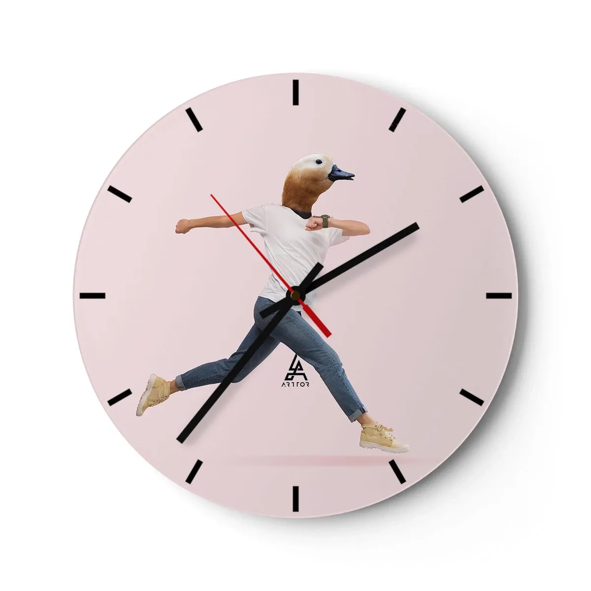Wall clock - Clock on glass - A figure in motion with a bird's head against a light background - 30x30cm - Pinch of Absurd - Modern wall decoration for the living room, kitchen, and bedroom ARTTOR