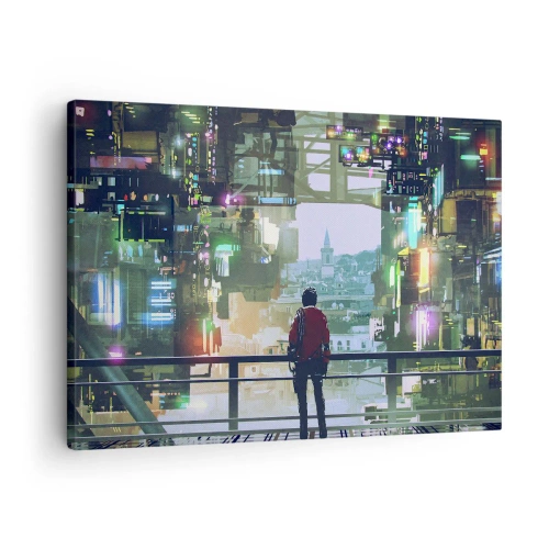 Canvas picture - figure in a futuristic city with neon lights - 70x50cm - Two Worlds - Modern wall decoration for the living room and bedroom ARTTOR