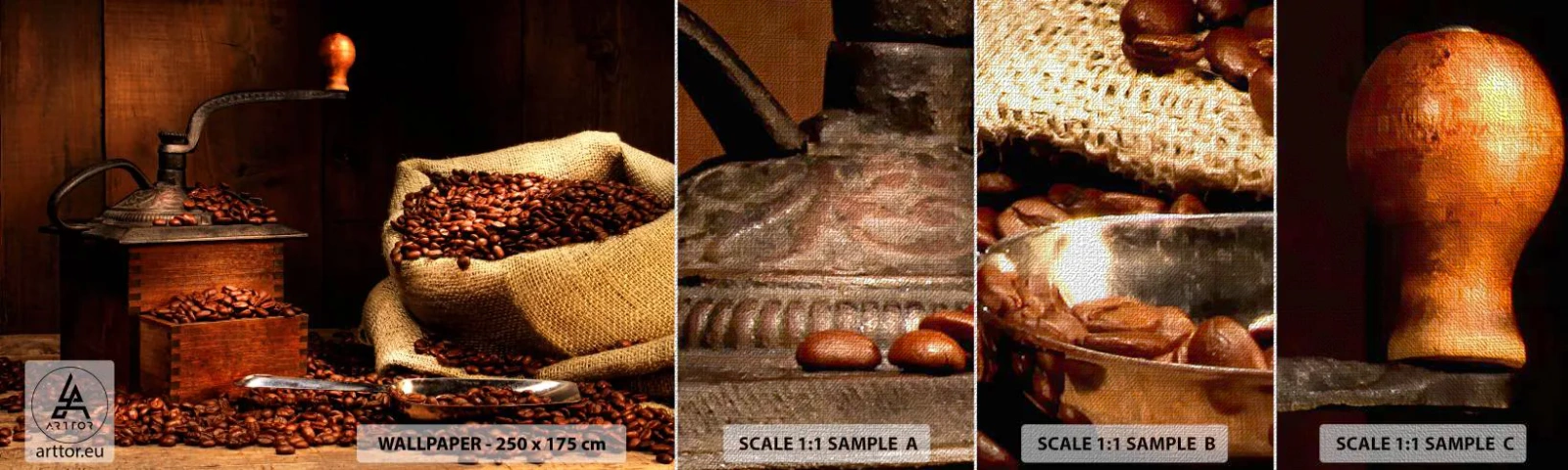 Photo Wallpaper Sample Premium Canvas - Still Life with Coffee Grains and a Grinder - Gastronomy, Coffee, Coffee grinder - 100x30 cm