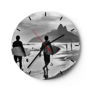Wall clock - Clock on glass - Two surfers on the beach in a black and white landscape - 30x30cm - Samba for One Wave - Modern wall decoration for the living room, kitchen, and bedroom ARTTOR