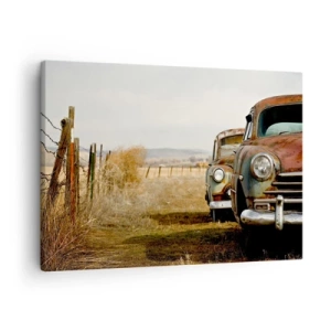 Canvas picture - Two old cars on a dirt road next to a wooden fence - 70x50cm - Deserved Break - Modern wall decoration for the living room and bedroom ARTTOR