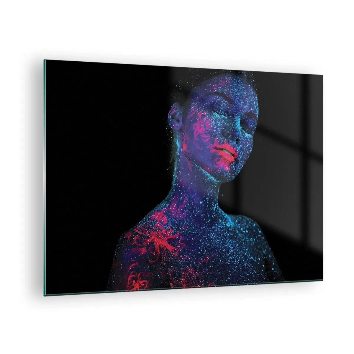 Glass picture - Portrait of a woman with fluorescent body painting - 70x50cm - In Stardust - Modern wall decoration for the living room and bedroom ARTTOR