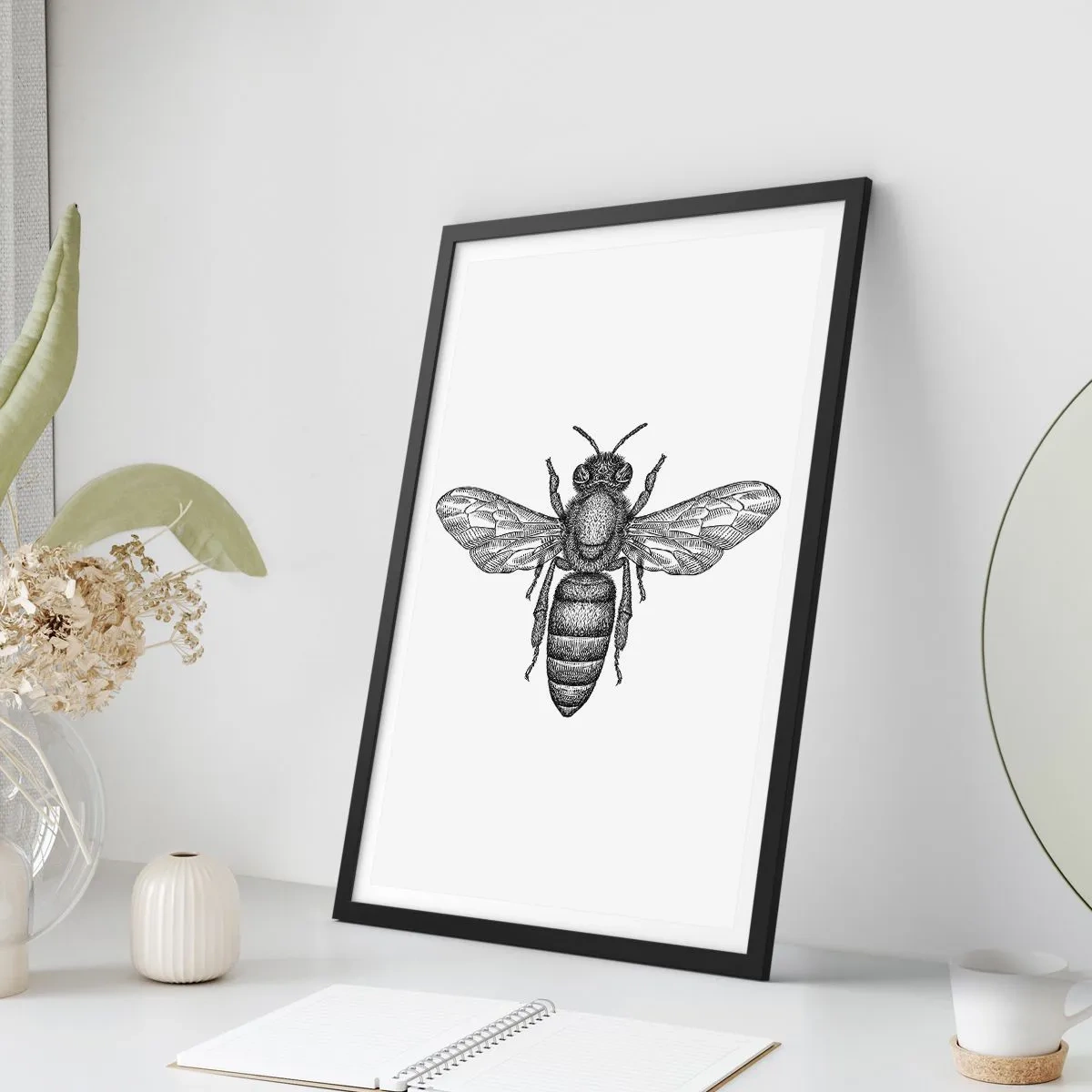 Poster in black frame - Precise illustration of a bee on a white background - 50x70cm - Insect Portrait - Modern wall decoration for the living room and bedroom ARTTOR