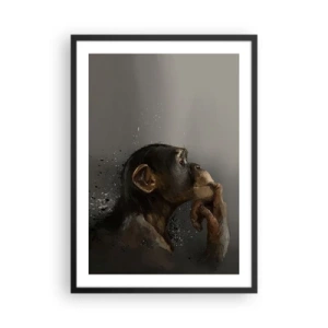 Poster in black frame - Portrait of a thinking monkey in soft gray tones with an abstract background - 50x70cm - Certainly a Thinker - Modern wall decoration for the living room and bedroom ARTTOR