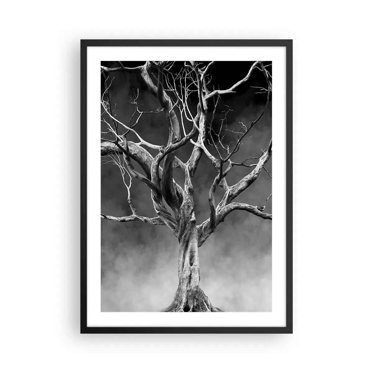 Poster in black frame - Black and white image of a tree against a background of fog - 50x70cm - Primordial and Sacred - Modern wall decoration for the living room and bedroom ARTTOR