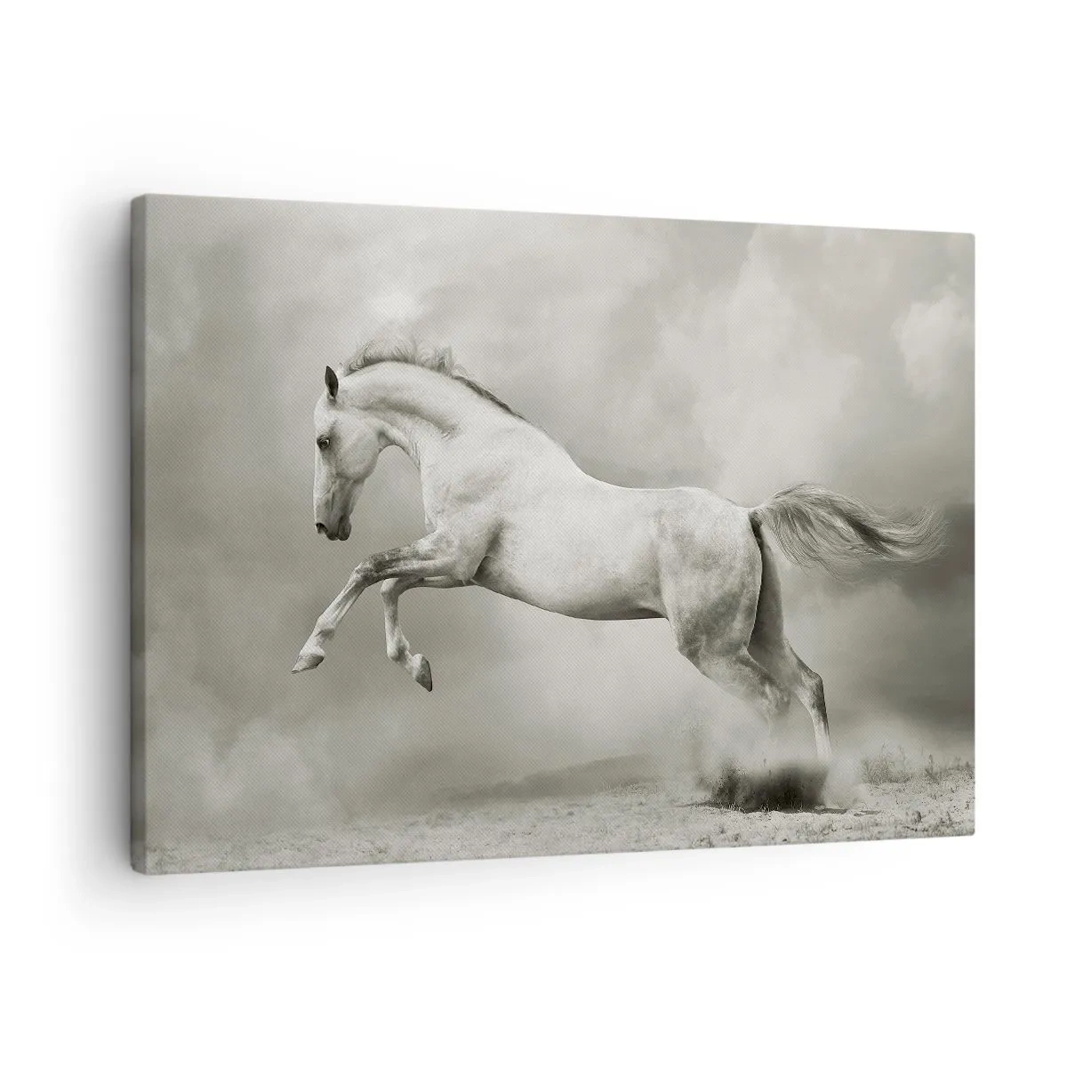 Canvas picture - A white horse in a dynamic jump against the background of misty clouds. - 70x50cm - Between Dream and Reality - Modern wall decoration for the living room and bedroom ARTTOR