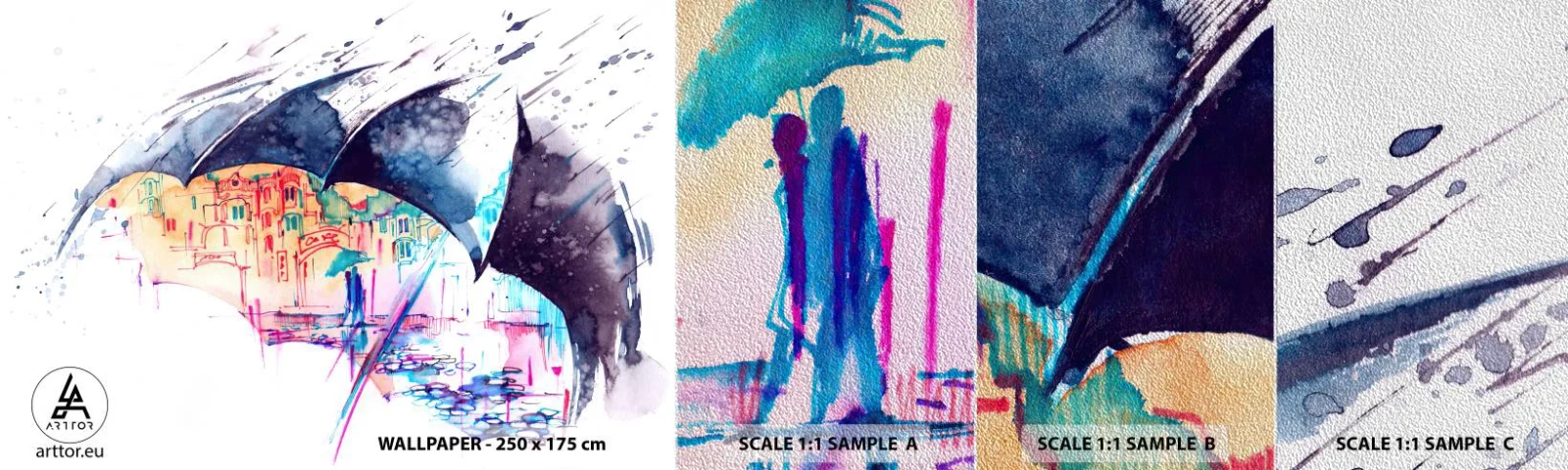 Photo Wallpaper Sample Premium Sand - Walk in the Rain - Abstraction, Umbrella, Architecture - 100x30 cm