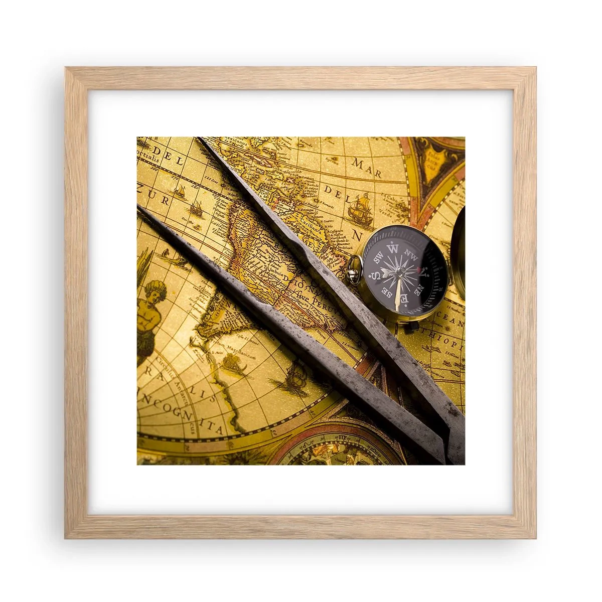 Poster in light oak frame - With a Compass through the Seas - 30x30 cm