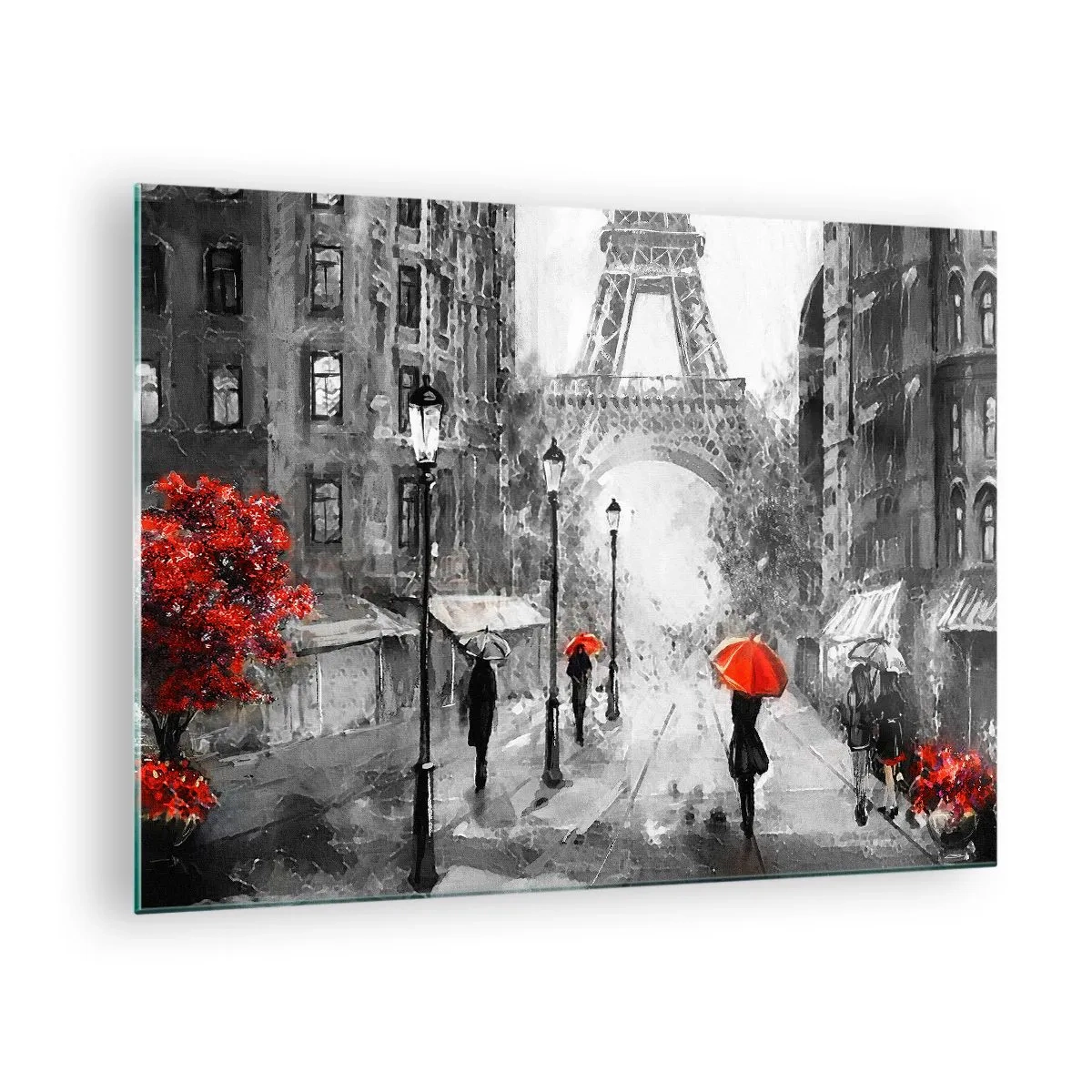 Glass picture - The Eiffel Tower in a monochromatic landscape with red accents - 70x50cm - All Roads Lead to Her - Modern wall decoration for the living room and bedroom ARTTOR