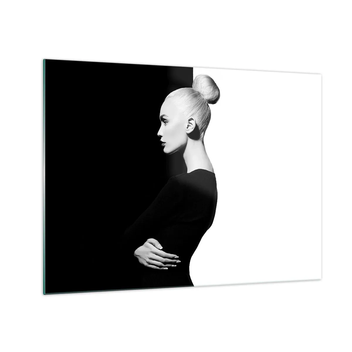 Glass picture - Black and white portrait of a woman in an elegant bun - 70x50cm - Simply a Woman - Modern wall decoration for the living room and bedroom ARTTOR