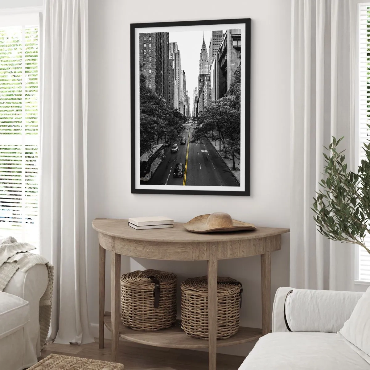 Poster in black frame - Black and white city panorama with a yellow line on the road - 50x70cm - Morning in New York - Modern wall decoration for the living room and bedroom ARTTOR
