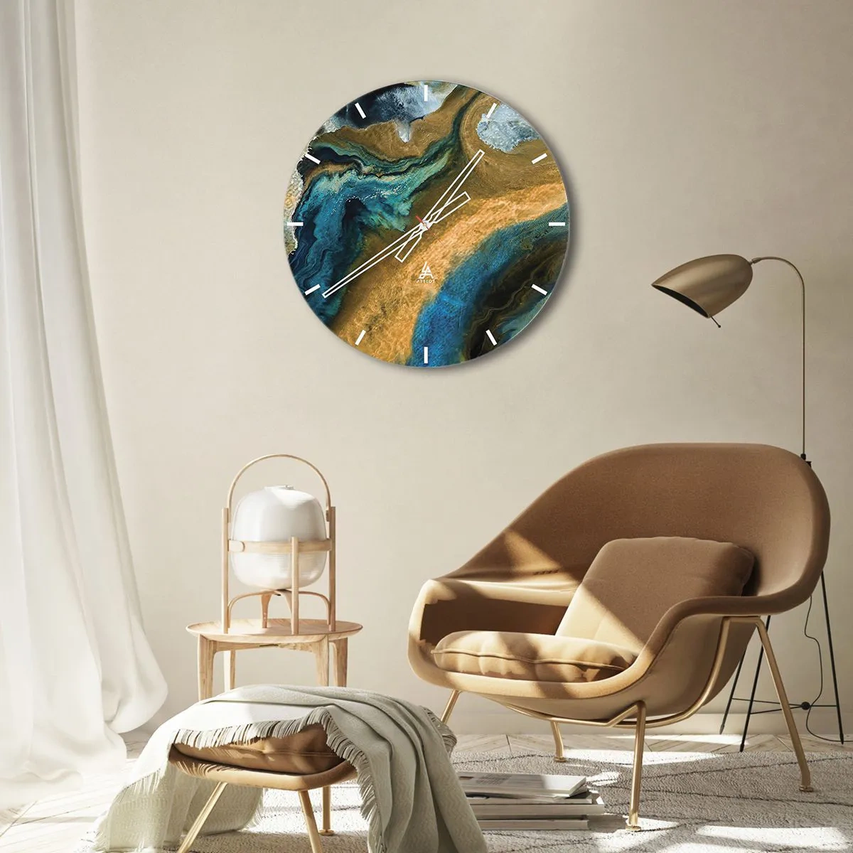 Wall clock - Clock on glass - Blue -Yellow - Mutal Influences - 40x40 cm