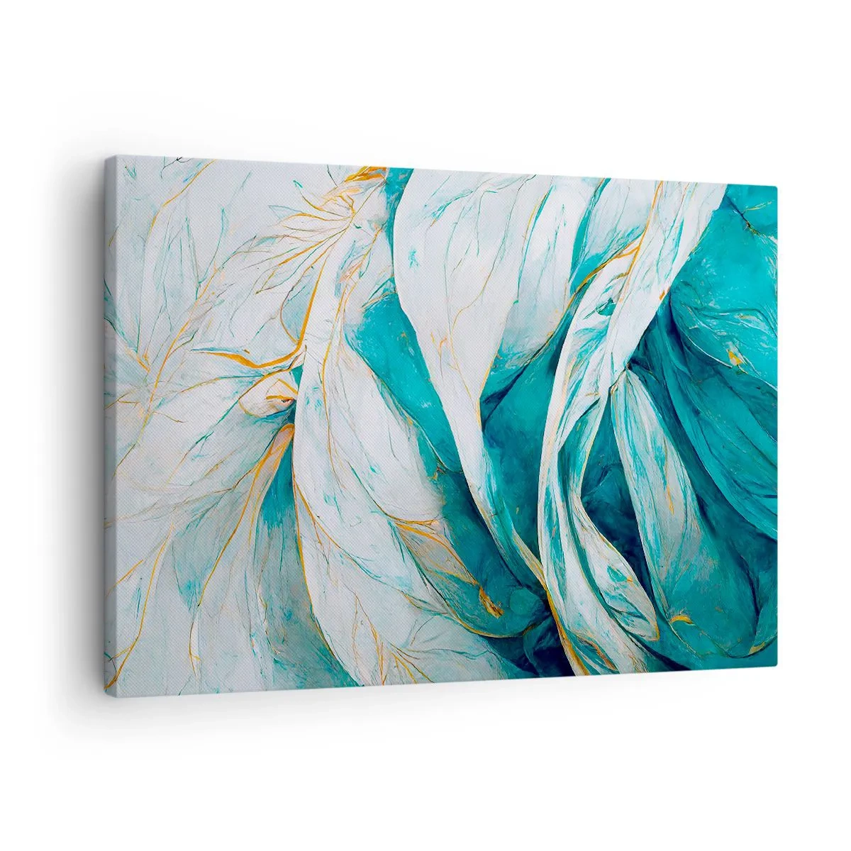 Canvas picture - Abstract blue leaves with gold details - 70x50cm - Blue Abstract with a Golden Motif - Modern wall decoration for the living room and bedroom ARTTOR
