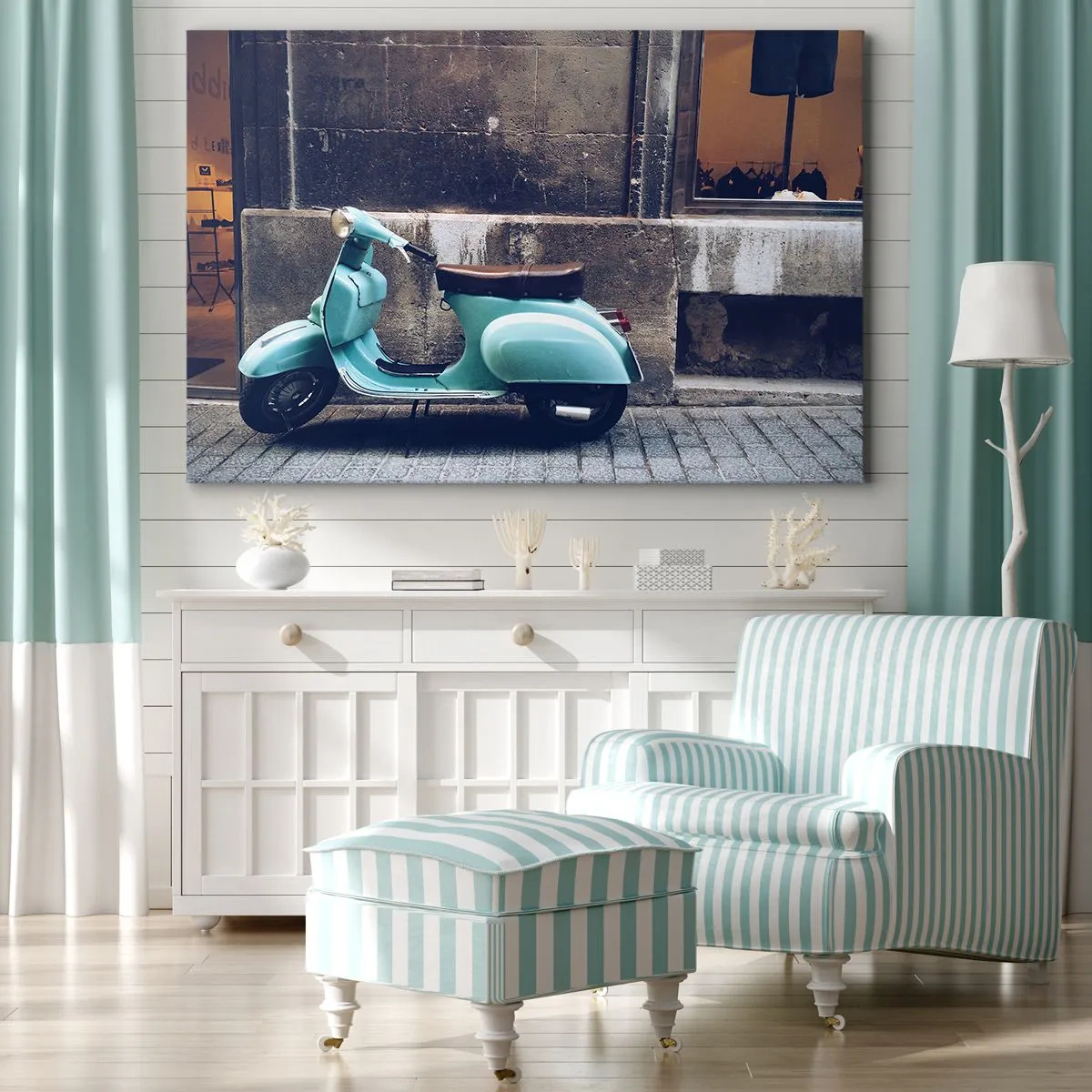 Canvas picture - A retro scooter parked against a stone wall - 70x50cm - Unforgetable Atmosphere - Modern wall decoration for the living room and bedroom ARTTOR