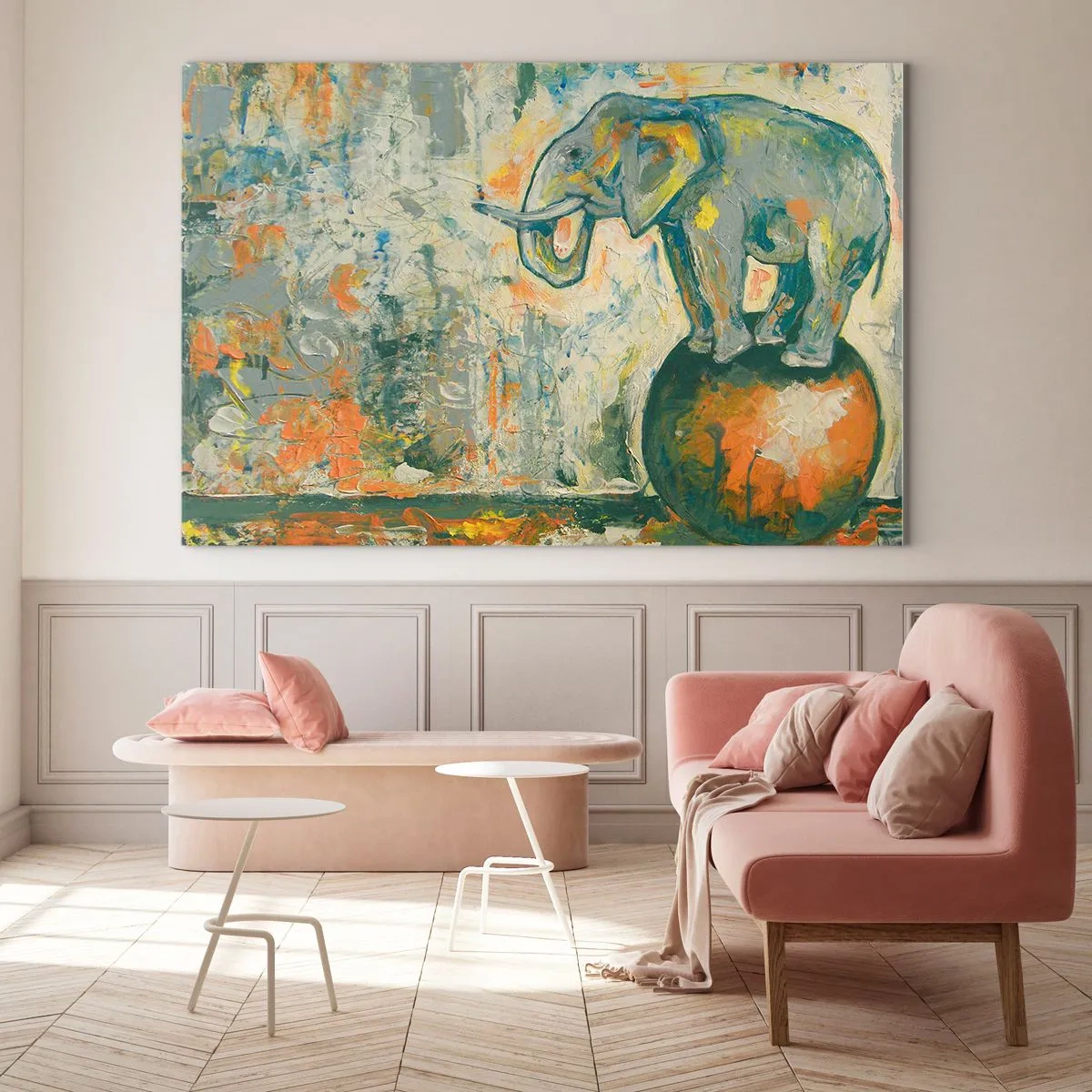 Glass picture - Abstract elephant balancing on a ball - 70x50cm - Long Live the Circus! - Modern wall decoration for the living room and bedroom ARTTOR