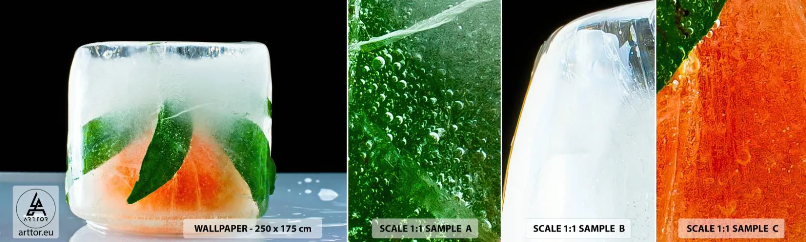 Photo Wallpaper Sample Self-Adhesive Deluxe Sticker - Freshness and Coolness - Ice Cube, Orange, Mint Leaf - 100x30 cm