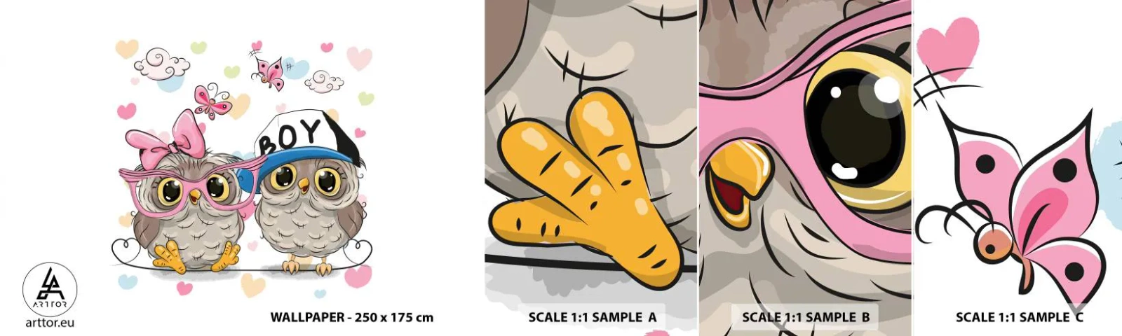 Photo Wallpaper Sample Standard Eco - Let's Keep in Love! - For children, Owl, Butterfly - 100x30 cm