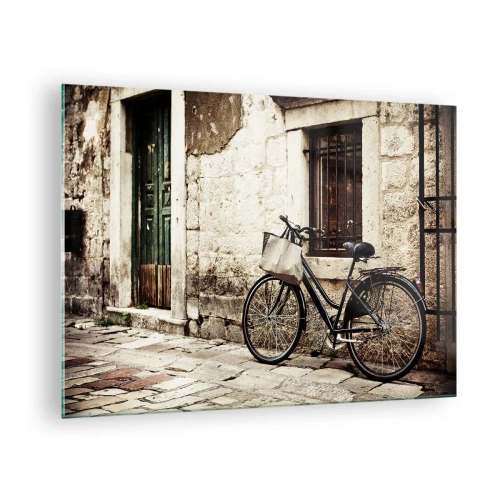 Glass picture - A black and white bicycle leaning against an old tenement house - 70x50cm - Back to the Past - Modern wall decoration for the living room and bedroom ARTTOR