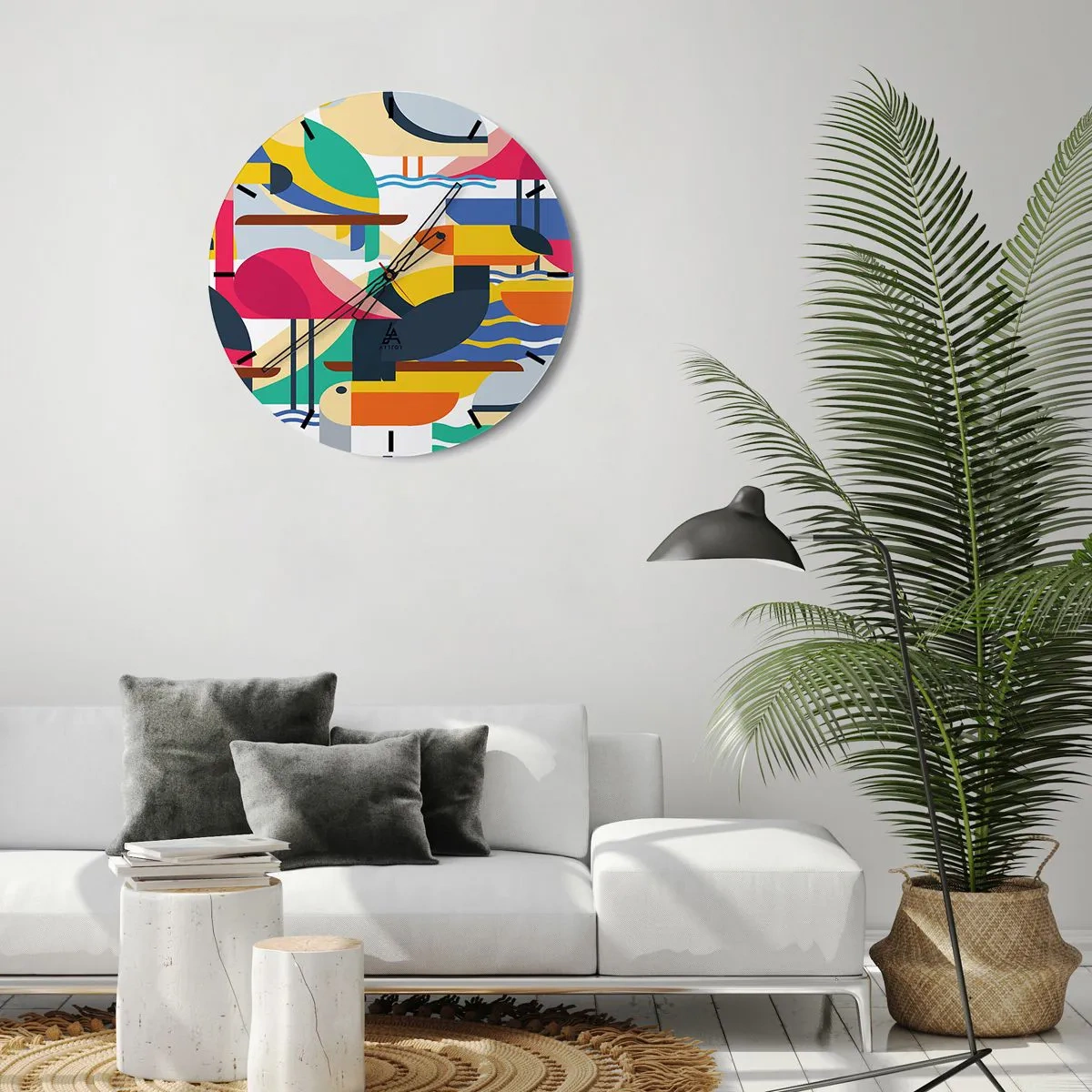 Wall clock - Clock on glass - Birds' Party - 30x30 cm