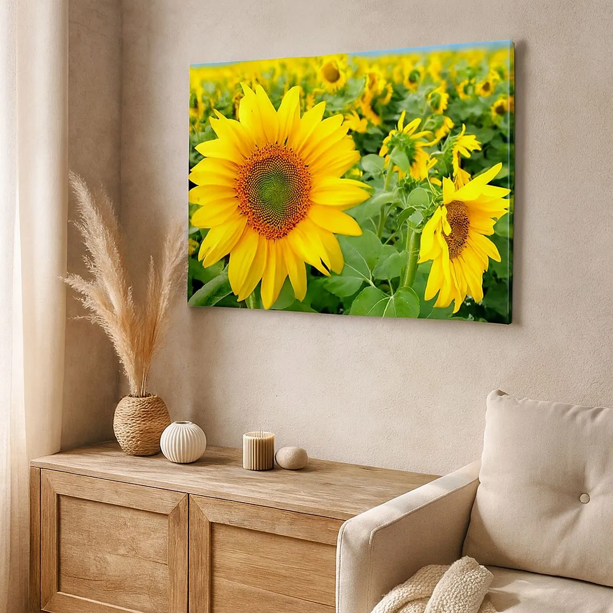 Canvas picture - A field of sunflowers with yellow flowers against a background of green leaves - 70x50cm - Hundreds of the Suns - Modern wall decoration for the living room and bedroom ARTTOR
