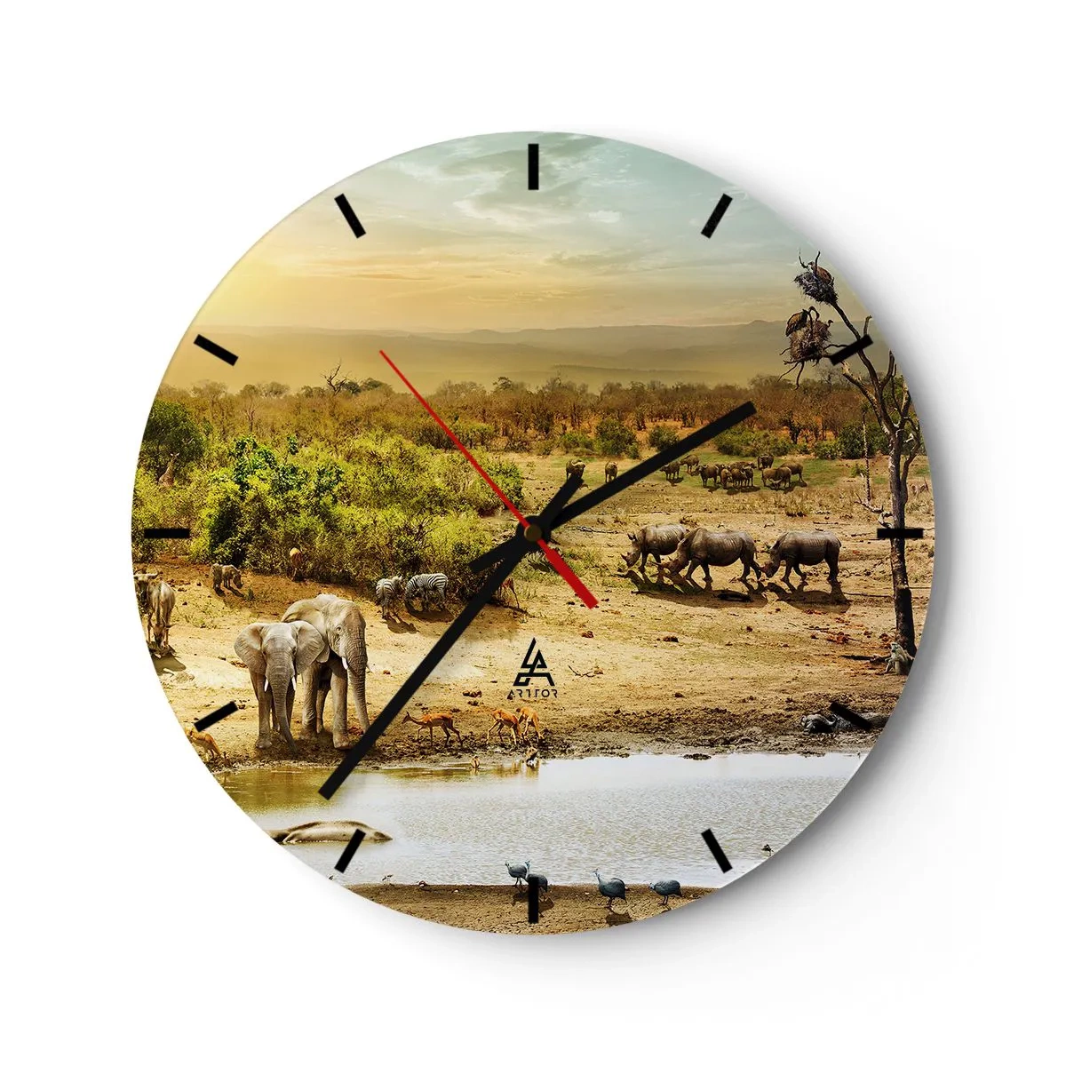 Wall clock - Clock on glass - Savannah with wild animals at a watering hole at sunset - 30x30cm - There Is a River that Flows from Eden - Modern wall decoration for the living room, kitchen, and bedroom ARTTOR