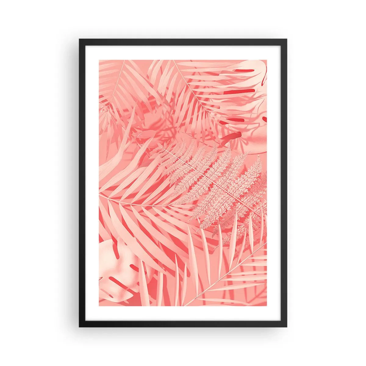 Poster in black frame - Pink fern and palm leaves on a pastel background - 50x70cm - Pink Concept - Modern wall decoration for the living room and bedroom ARTTOR