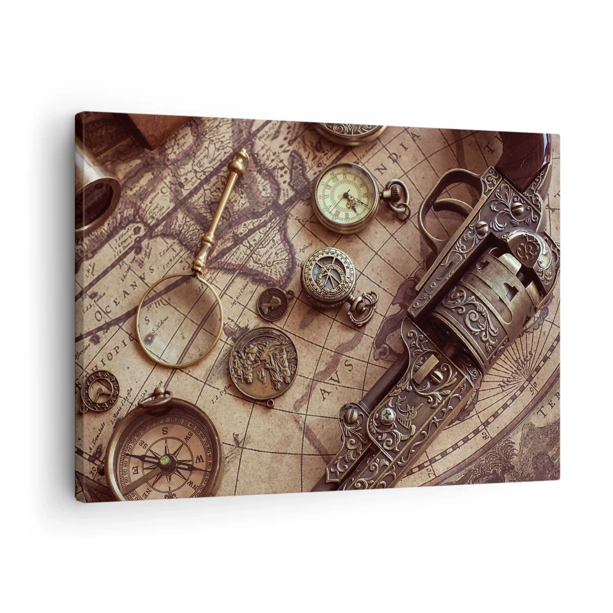 Canvas picture - Antique items on an old map in a retro style - 70x50cm - Adventure Calls - Modern wall decoration for the living room and bedroom ARTTOR