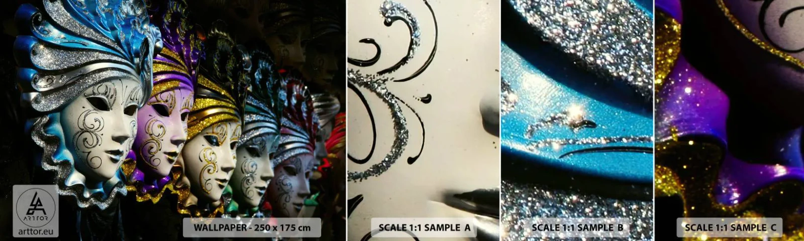 Photo Wallpaper Sample Standard Eco - Secret in Gold and Silver - Venetian mask, Venice, Carnival - 100x30 cm