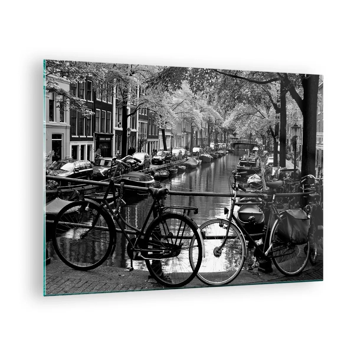 Glass picture - Black and white view of a canal with bicycles and boats - 70x50cm - A Very Dutch View - Modern wall decoration for the living room and bedroom ARTTOR