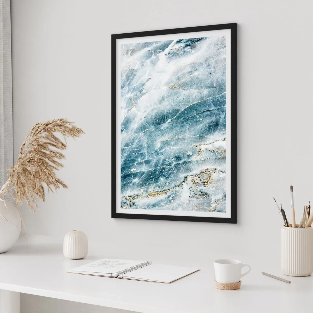 Poster in black frame - Blue marble with subtle gold veins - 50x70cm - Icy World - Modern wall decoration for the living room and bedroom ARTTOR