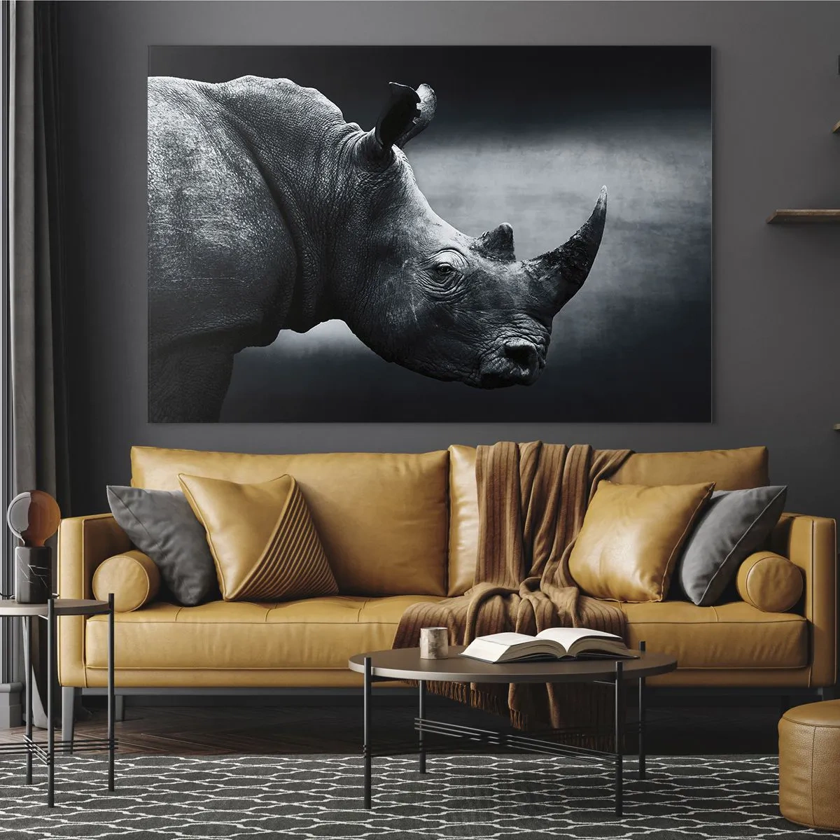 Glass picture - Black and white shot of a rhinoceros - 70x50cm - Right Profile - Modern wall decoration for the living room and bedroom ARTTOR
