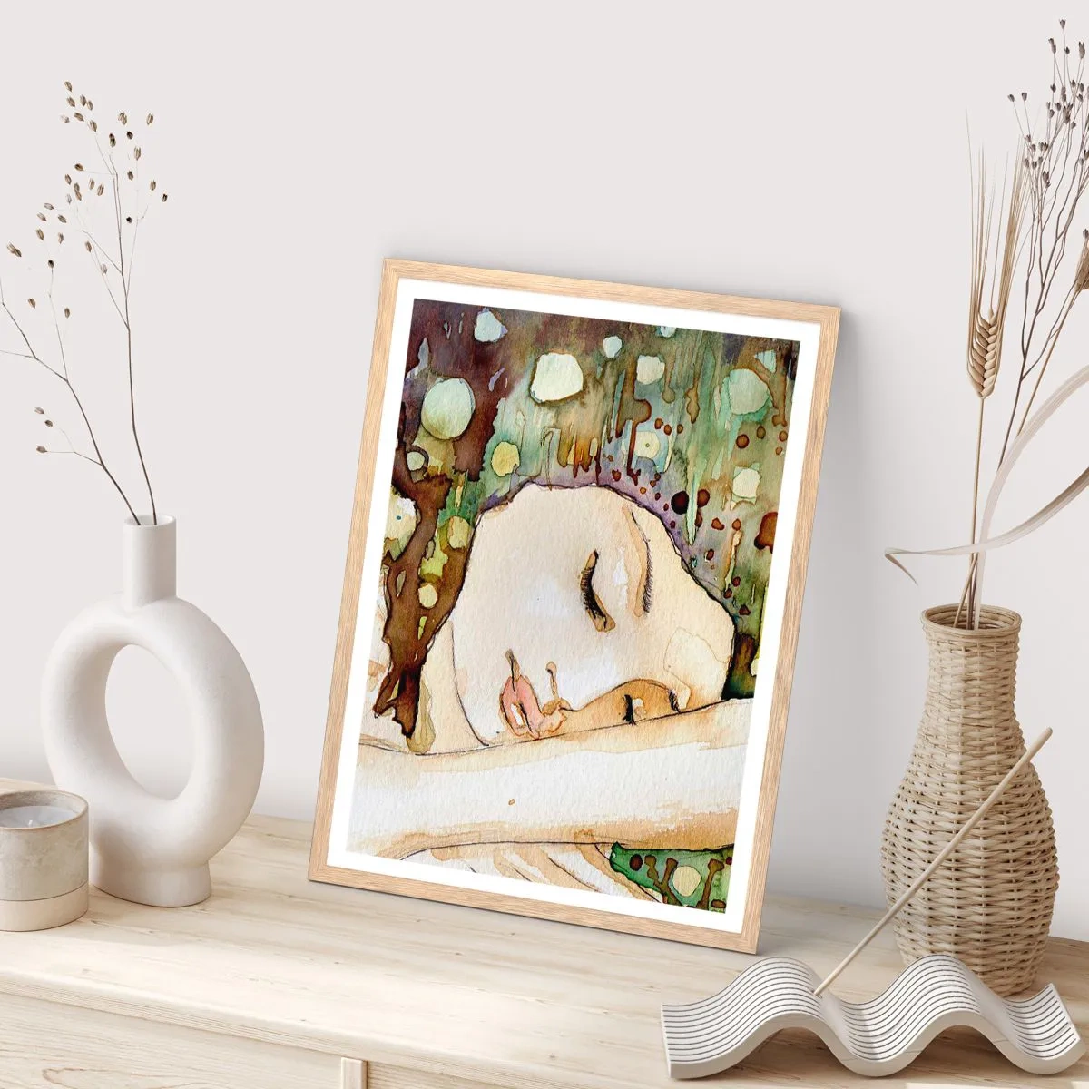 Poster in light oak frame - Emerald and Violet Dream - 50x70 cm