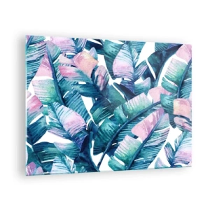 Glass picture - Banana leaves in pastel shades on a white background - 70x50cm - In a Banana Grove - Modern wall decoration for the living room and bedroom ARTTOR
