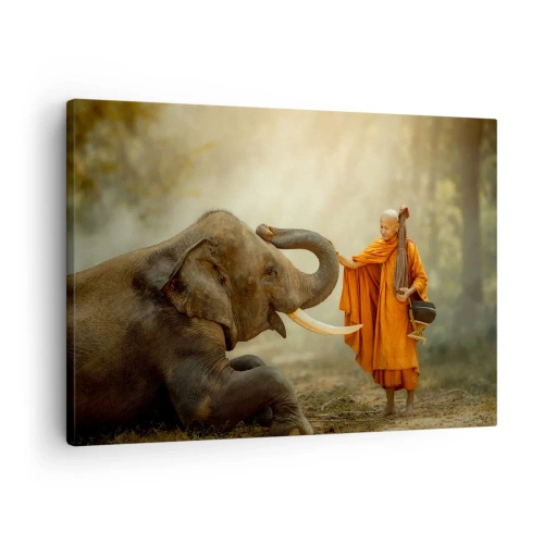 Canvas picture - A monk and an elephant in harmony against the backdrop of nature - 70x50cm - Unexpected Meeting - Modern wall decoration for the living room and bedroom ARTTOR