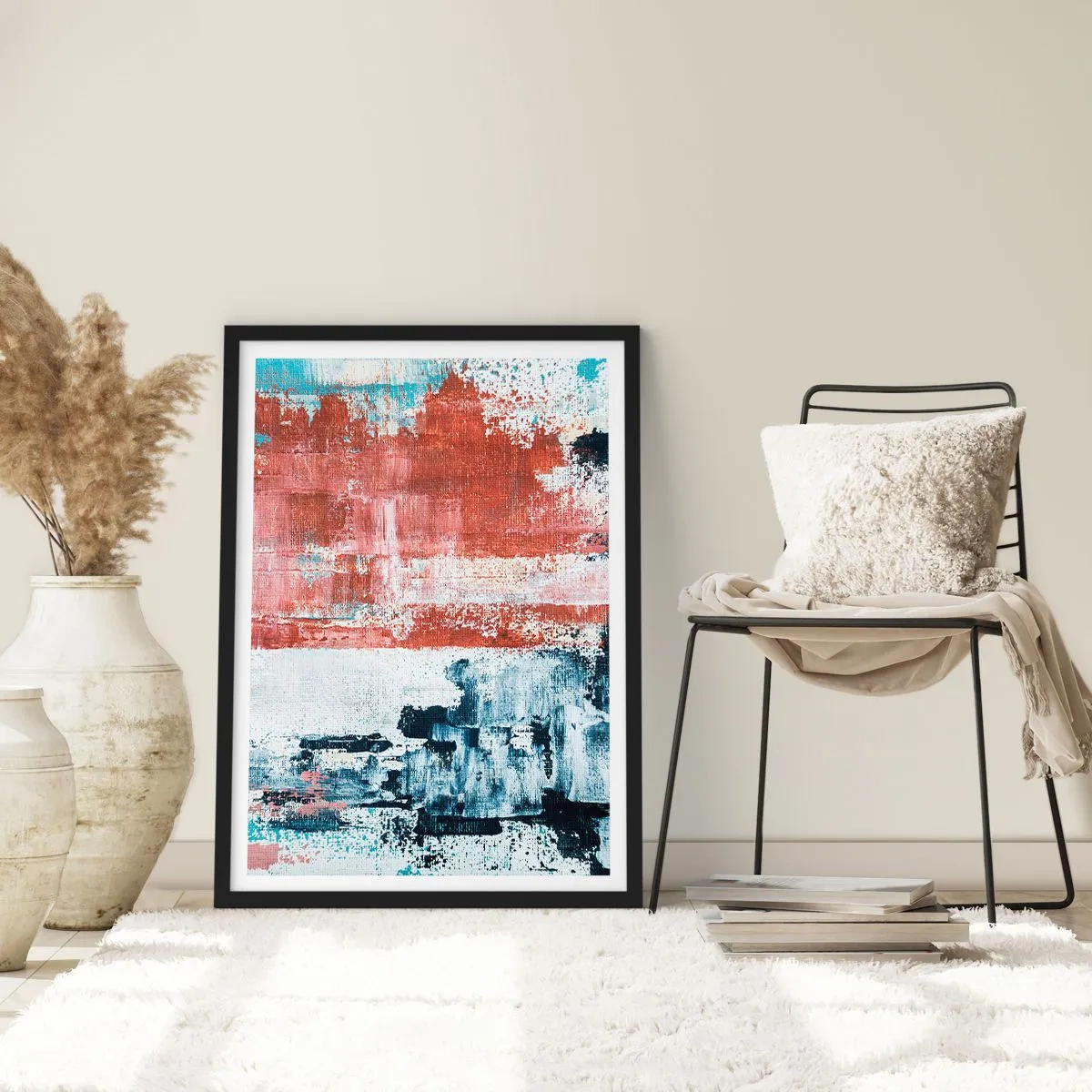 Poster in black frame - Abstract composition in shades of red, white and blue - 50x70cm - Abstract Fifty Fifty - Modern wall decoration for the living room and bedroom ARTTOR