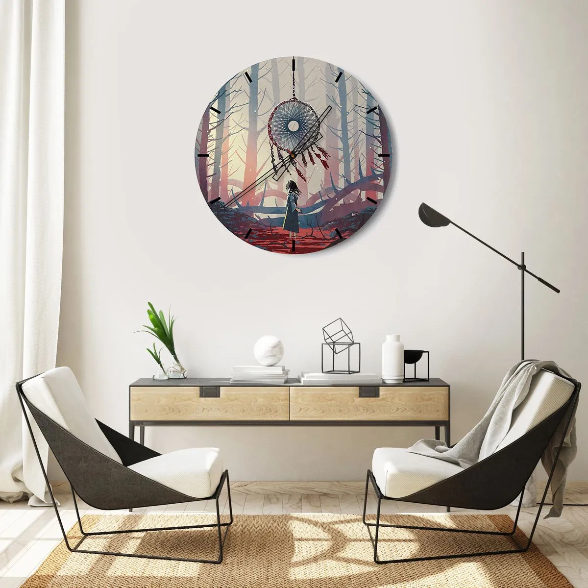 Wall clock - Clock on glass - A figure in the forest looking at a dream catcher in a mysterious light. - 30x30cm - Mysterious Ritual of Life - Modern wall decoration for the living room, kitchen, and bedroom ARTTOR