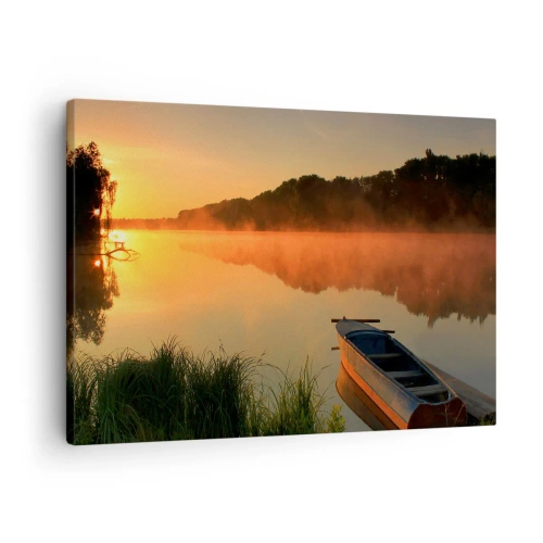 Canvas picture - Morning fog over the river with a boat in the sun's rays - 70x50cm - Sunrise by a Mirror-like Water - Modern wall decoration for the living room and bedroom ARTTOR