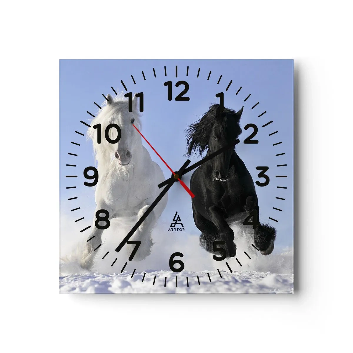 Wall clock - Clock on glass - Black and White Gallop - 30x30 cm