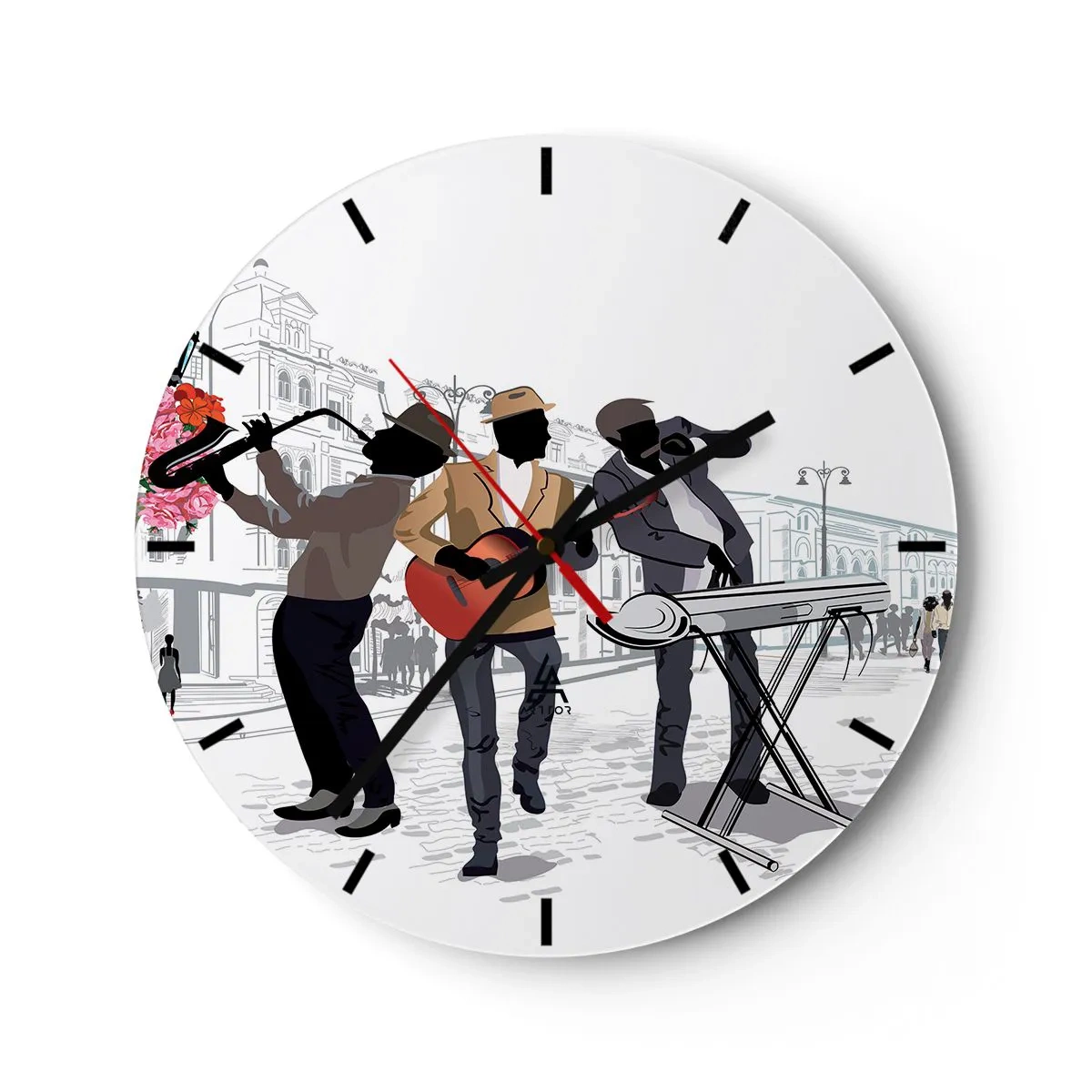 Wall clock - Clock on glass - A music band in the background of the street - 30x30cm - Street Music - Modern wall decoration for the living room, kitchen, and bedroom ARTTOR