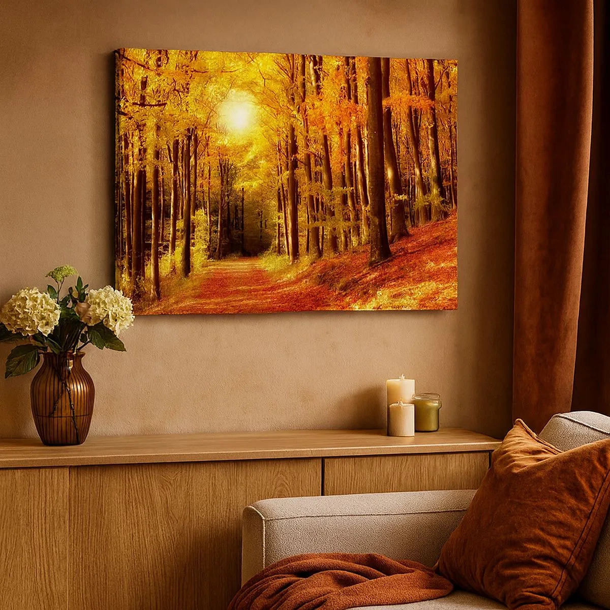 Canvas picture - Autumn forest with sun rays shining through the trees - 70x50cm - Golden Autumn on a Forest Path - Modern wall decoration for the living room and bedroom ARTTOR
