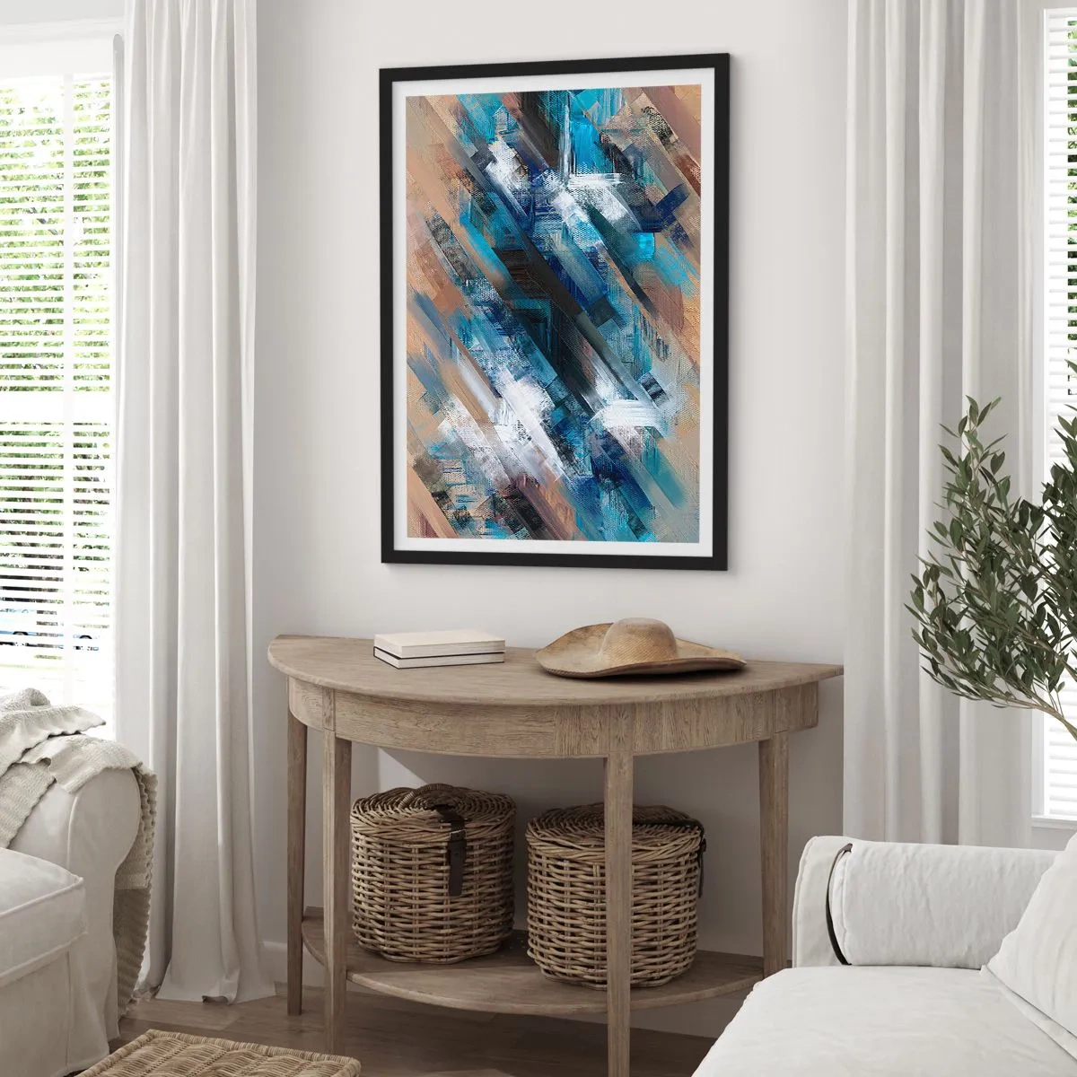Poster in black frame - An abstract composition with diagonal lines in shades of blue. - 50x70cm - On the Blue Slant - Modern wall decoration for the living room and bedroom ARTTOR